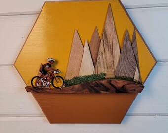 Wooden Frame-less wall art of cyclist road bike racer in the mountains