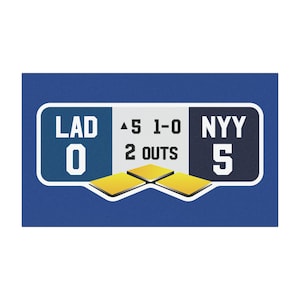 May include: A blue rectangular coaster with a baseball scoreboard design. The scoreboard shows the scores for LAD and NYY, with the current score being LAD 0 and NYY 5. The coaster also shows the number of outs.