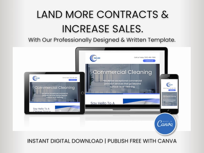 May include: A digital template for a commercial cleaning website. The template features a blue and white colour scheme with the text "Commercial Cleaning" and "Say Hello To A Cleaner Space". The template is designed to be used with Canva.