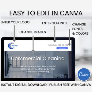 May include: A computer screen mockup showing a website template for a commercial cleaning service. The template is customisable with your logo, contact information, and images. The text on the screen reads "Commercial Cleaning" and "We deliver exceptional commercial janitorial services that go beyond surface-level cleaning."
