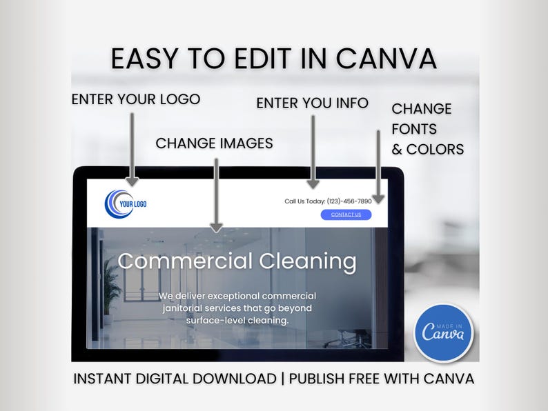 May include: A computer screen mockup showing a website template for a commercial cleaning service. The template is customisable with your logo, contact information, and images. The text on the screen reads "Commercial Cleaning" and "We deliver exceptional commercial janitorial services that go beyond surface-level cleaning."