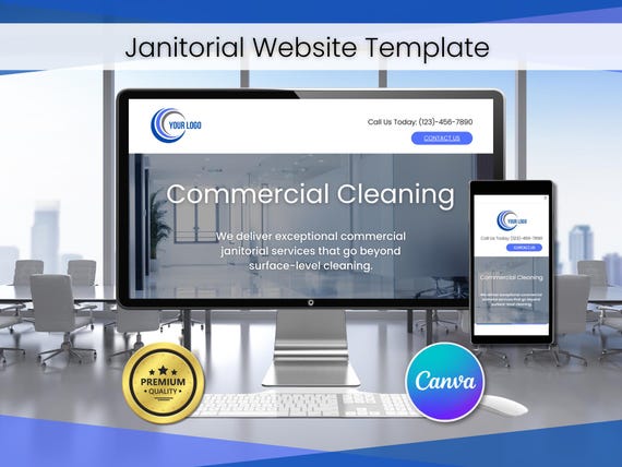 Janitorial, Cleaning Service, and Commercial Office Building Cleaning Website Template edit with Canva