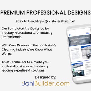 May include: A white smartphone displaying a website for commercial cleaning services. The website features a blue and white colour scheme and includes images of clean office spaces. The text on the website reads "Commercial Cleaning" and "Say Hello To A Cleaner Space". The website is designed by JaniBuilder.com.