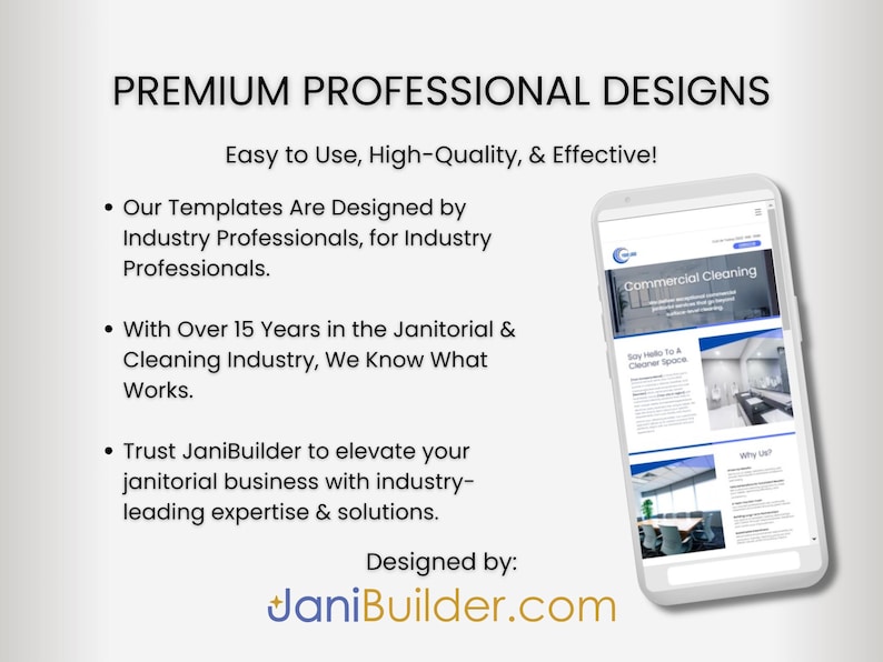 May include: A white smartphone displaying a website for commercial cleaning services. The website features a blue and white colour scheme and includes images of clean office spaces. The text on the website reads "Commercial Cleaning" and "Say Hello To A Cleaner Space". The website is designed by JaniBuilder.com.
