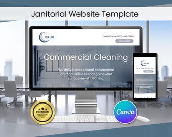 Può includere: Un modello di sito web per un'azienda di pulizie. Il sito web presenta un design moderno con un pulsante di invito all'azione e uno slogan che recita: "Offriamo servizi di pulizia commerciali eccezionali che vanno oltre la pulizia superficiale."