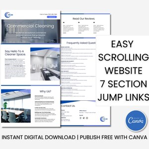 May include: A website template for commercial cleaning businesses. The template features a blue and white colour scheme with a modern design. The text on the template includes the words "Commercial Cleaning", "Say Hello To A Cleaner Space", "Why Us?", "Contact Us", "Read Our Reviews", "Frequently Asked Questions", "Easy Scrolling Website", "7 Section Jump Links", and "Instant Digital Download | Publish Free With Canva".