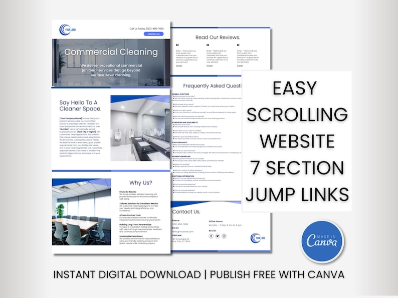 May include: A website template for commercial cleaning businesses. The template features a blue and white colour scheme with a modern design. The text on the template includes the words "Commercial Cleaning", "Say Hello To A Cleaner Space", "Why Us?", "Contact Us", "Read Our Reviews", "Frequently Asked Questions", "Easy Scrolling Website", "7 Section Jump Links", and "Instant Digital Download | Publish Free With Canva".