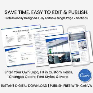 May include: A Canva template for a business website, featuring a blue and white colour scheme. The template includes sections for reading reviews, frequently asked questions, contact information, and a call to action to learn more. The template is fully editable and can be published for free with Canva.