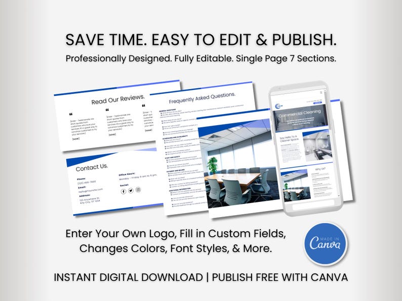 May include: A Canva template for a business website, featuring a blue and white colour scheme. The template includes sections for reading reviews, frequently asked questions, contact information, and a call to action to learn more. The template is fully editable and can be published for free with Canva.