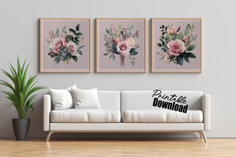 Set of 3 Watercolor Floral Canvas Printable Square Art Prints Modern