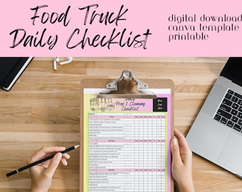 May include: A printable food truck daily prep and cleaning checklist template in a pink, yellow, and green color scheme. The checklist includes sections for prep, opening, and end of day tasks. The template is designed for use with Canva.