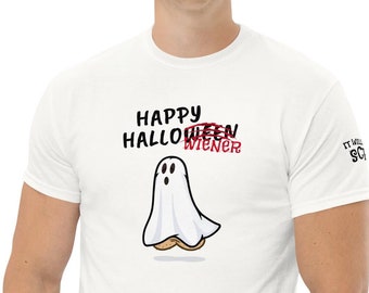 Happy Hallowiener limited edition tee [50 prints], on sale til 15-Oct  | Mens funny gay pride halloween ghost t-shirt NSFW