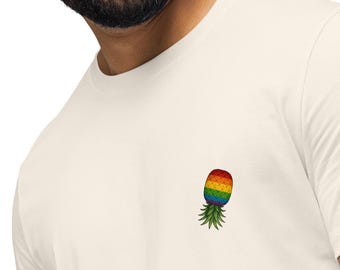 Gay Pride Upside Down Pineapple Organic Mid-light T-Shirt | Gay Mens Swinger Tee | White, Vintage White and Grey