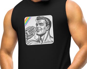 Vintage "Daddy Energy" Muscle Shirt with Rainbow Stripe | Sleeveless T-shirt | Tank top | Gym shirt | Gym wear tee