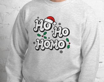 Ho Ho Homo Gay Christmas Sweater | Mens Funny Gay Xmas Sweater | Ho Ho Homo Queer Mens Sweater | Forest Green, Sand, White, Black