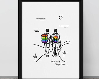 Journey Together - Framed Canvas Print - Personalization available | Gay Christmas and Wedding gift idea | Gay Hikers | Gay wall art gift