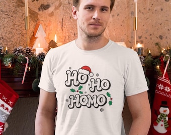 Ho Ho Homo Gay T-shirt | Mens Funny Gay Christmas Tee | Ho Ho Homo Queer Mens Xmas Tee | Forest Green, Sand, White, Black