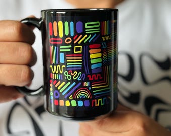Vibrant gay pride stripe mug 15oz black | Pride colours black coffee and tea mug