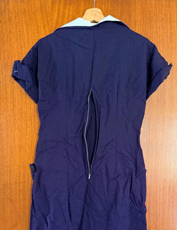Vintage Navy Blue Dotted Linen Shirt Dress 1940’s - image 3