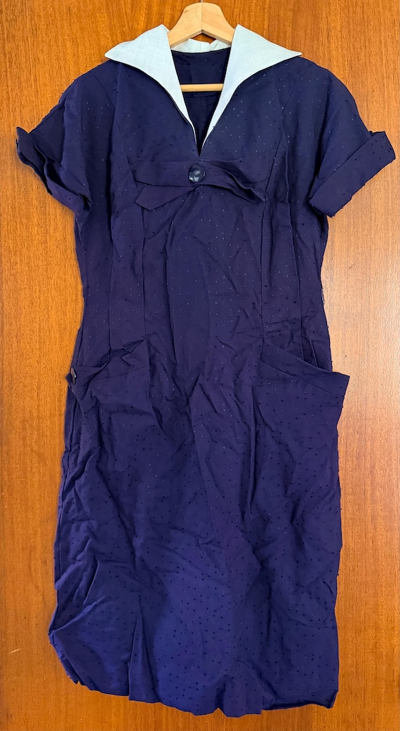 Vintage Navy Blue Dotted Linen Shirt Dress 1940’s - image 1