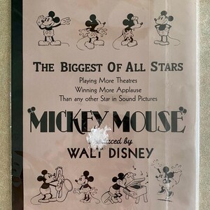 May include: Vintage Mickey Mouse poster with illustrations of Mickey in various poses. The poster has the text "THE BIGGEST OF ALL STARS" and "MICKEY MOUSE" with "WALT DISNEY" at the bottom. The poster is in a plastic sleeve.