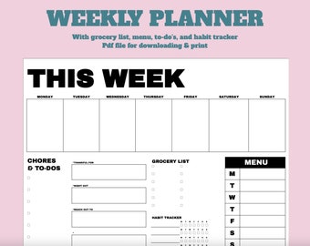This Week - Weekly planner - printable pdf file for download - weekly calendar - 8 1/2 x 11 inches