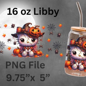 Halloween Kitty with Pumpkins & Witch Hat – 16oz Libbey Glass Can Wrap PNG – Cute Spooky Sublimation Design – Digital Download