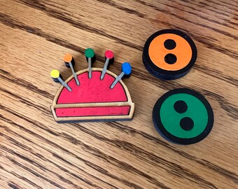 Pin cushion and button magnet set, refrigerator magnet, quilting, sewing