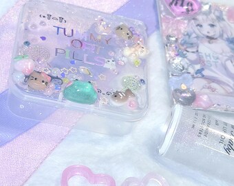 tummy hort pills medicine box medical mental health gift 2*2*1 inch mini vape cart storage stash decoden y2k junk case iridescent cutecore