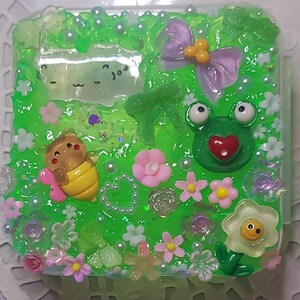 handmade decoden pill case | kaomoji y2k webcore accessory 2*2 inches cart vape holder trinket box junk case green floral hamster kawaii