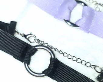 Handmade Silver Punk Ring Ribbon Choker - Black and Purple Goth Alt Accessory Necklace
