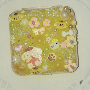 pompompurin handmade decoden pill case | sanrio gyaru  y2k yellow accessory 2*2 inches cart vape holder trinket box junk case plastic kawaii