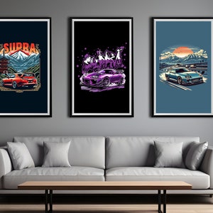 3er Set JDM Toyota Supra Mk4 inspiriertes Auto Poster Tokyo Street Racing druckbares Poster. Japanischer Sportwagen Wandkunst Geschenk für Jungen Männer