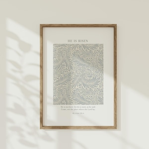 He Is Risen Vintage Easter Wall Art: Blue Floral Bible Verse Print (Digital Download)
