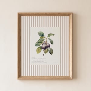 Könnte beinhalten: Ein gerahmter Kunstdruck mit einer botanischen Illustration von violetten Pflaumen an einem Zweig mit grünen Blättern. Der Hintergrund hat ein vertikales beiges und weißes Streifenmuster. Der Text lautet: ABIDE I am the vine.