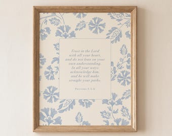 Proverbs 3 Blue Floral Wall Art: Vintage Bible Verse Printable (Digital Download)