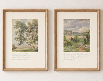 Vintage Psalm Landschafts-Druckset: Neutrale christliche Bibeltext-Wandkunst (Digitaler Download)