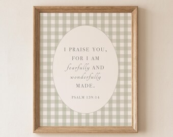 Psalm 139 Vichy-Karo-Kinderzimmerkunst – Salbeigrüne christliche Mädchenzimmerdekoration (Digitaler Download)