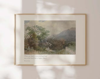 Psaume 61:2 vintage montagne imprimable, art de l'écriture de paysage en sourdine, art mural encourageant verset biblique, décoration d'intérieur chrétienne neutre