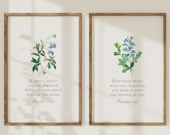 Vintage Blumen Sprüche Poster Set: Blaue Botanische Bibel Vers Kunst (Digitaler Download)