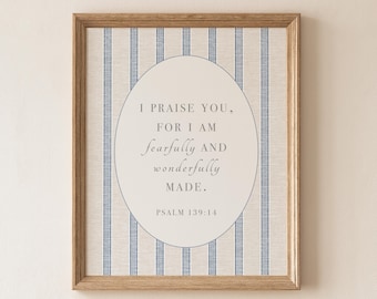 Psalm 139:14 Blue Stripe Printable - Vintage Boy Nursery Scripture Poster (Digital Download)