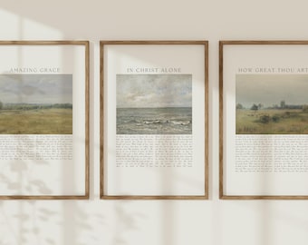 Christliche Kirchenlieder-Wandbilder, 3er-Set: Dezentes Vintage-Landschaftsmotiv, druckbar (Digitaler Download)