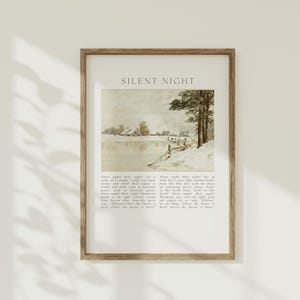 Stille Nacht Vintage Weihnachtswandkunst, Winterschneelandschaft, Bauernhaus Anbetungsliedplakat, christliche Hymnenlyrik, religiöser Glaube Geschenk