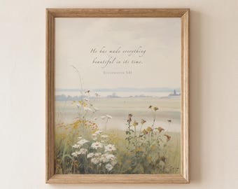 Ecclesiastes 3:11 Wildflower Landscape Print, Vintage Farmhouse Bible Verse Art (Digital Download)