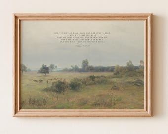 Matthäus 11,28 – Landschaftsbild in gedämpfter Form – Vintage-Kunstwerk mit Bibelvers (Digitaler Download)