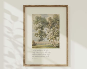 Psalm 121:1-2 Vintage Tree Printable, Muted Landscape Scripture Art, Encouraging Bible Verse Wall Art, Neutral Christian Home Decor