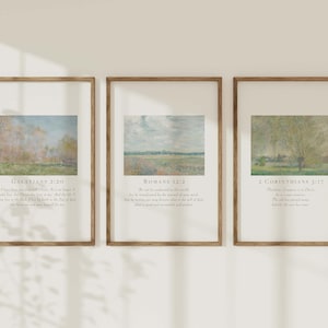 May include: Three framed prints with watercolor-style landscapes and bible verses. The top print features the verse "Galatians 2:20", the middle print features the verse "Romans 12:2", and the bottom print features the verse "2 Corinthians 5:17".