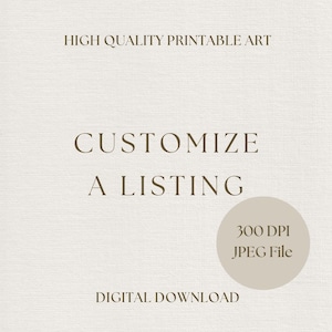 May include: A digital graphic with a light beige textured background featuring the dark brown text HIGH QUALITY PRINTABLE ART, CUSTOMIZE A LISTING, and DIGITAL DOWNLOAD. A circular beige badge contains the text 300 DPI JPEG File.