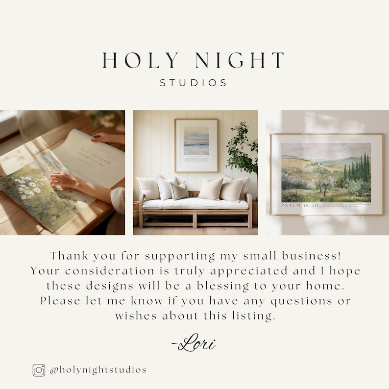May include: The image showcases three framed art prints with a neutral color palette. The prints include a landscape, an abstract piece, and a floral design. The text "HOLY NIGHT STUDIOS" is at the top. The bottom text reads "Thank you for supporting my small business!"