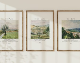 Tuscan Landscape, The Way The Truth The Life Wall Art Set, Italy Nature Bible Verse Poster, John 14:6 Scripture Quote, Christian Home Decor